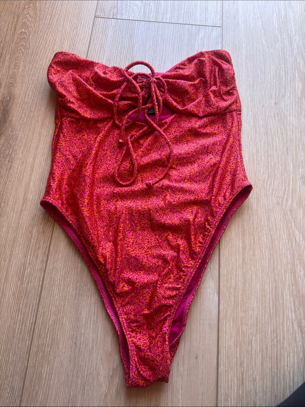 Strapless Paula Hernany Red Paisley One-Piece Swimsuit